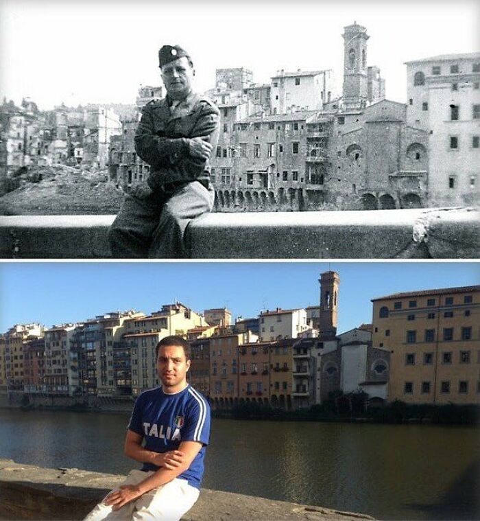 Man Sits At The Same Spot His Grandfather Did In 1944 During Ww2 In Florence , Italy