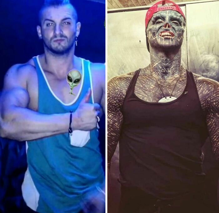 Two images depicting a person before and after extreme body modifications resembling a 'Black Alien'. Two images depicting a person before and after extreme body modifications resembling a 'Black Alien'.