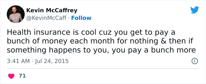 Meme humor post about health insurance costs by Kevin McCaffrey on Twitter.