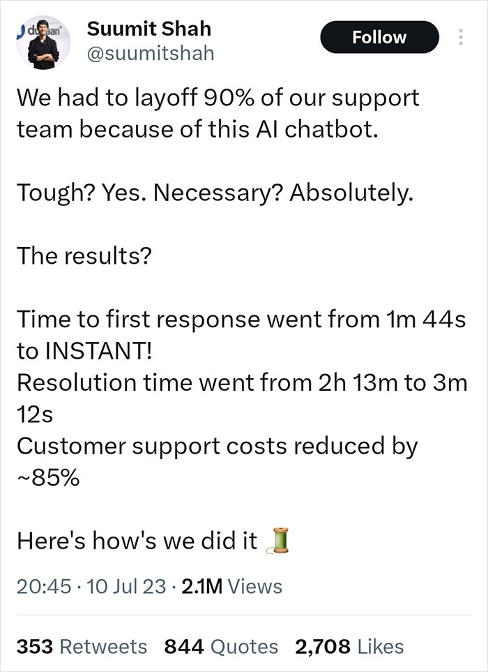 Tone-Deaf CEO Says He Fired 90% Of Staff Because Of New AI, Gets Slammed Online Tone-Deaf CEO Says He Fired 90% Of Staff Because Of New AI, Gets Slammed Online