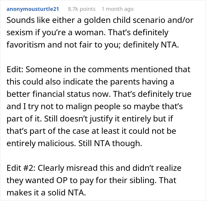 Person Refuses To Help Their &lsquo;Golden&rsquo; Child&rsquo; Brother As They Had To Make It All On Their Own