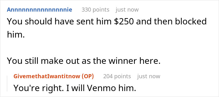 Online text conversation showing a woman suggesting sending money before blocking a man after a strange first date test.