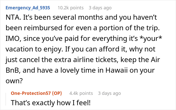 Screenshot of a Reddit thread discussing an ex-BF and his family demanding a woman skip her Hawaii trip she paid for.