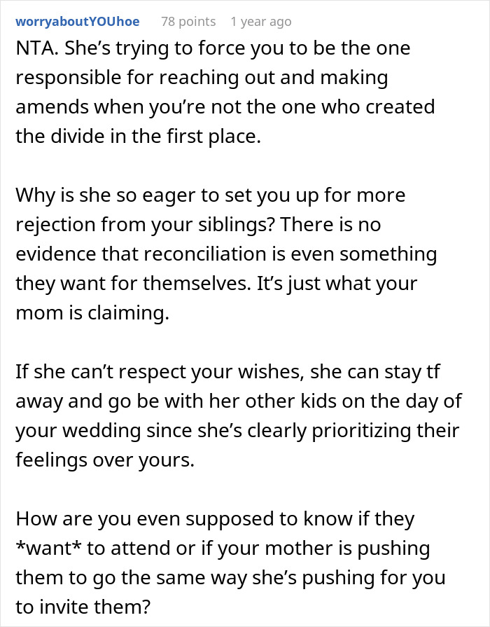 Bride Doesn&rsquo;t Want Her Estranged Siblings Mentioned At The Wedding, Mom Calls Her A Bridezilla