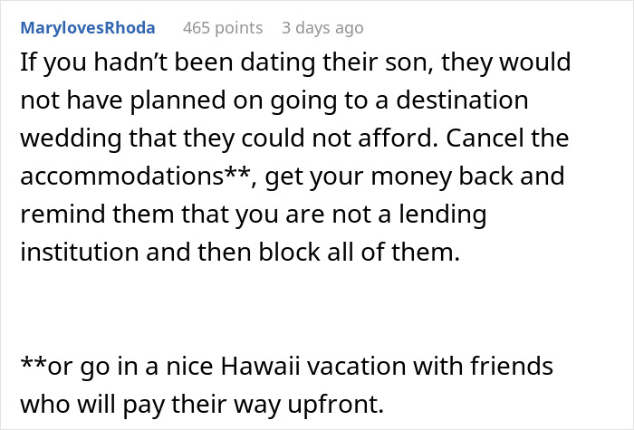 Comment suggesting to cancel accommodations and enjoy Hawaii vacation with friends, related to ex-BF and family demands.