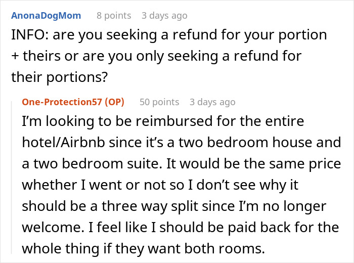 Discussion screenshot showing a woman discussing reimbursement for a Hawaii trip paid for despite being unwelcome by ex-BF and family.