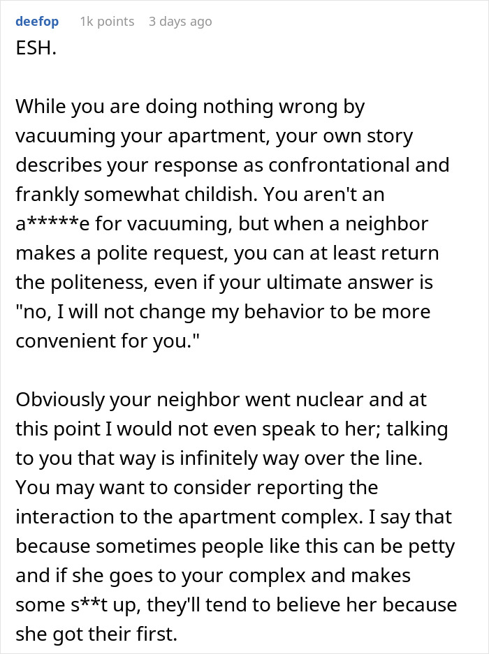Neighbors Ask Woman To Stop Vacuuming At Noon, She Refuses And Turns To The Internet For Advice
