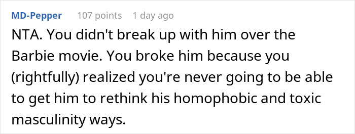 Woman Dumps Boyfriend Over His Bigoted Reaction To Barbie Movie