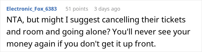 Screenshot of a forum comment advising a woman to cancel her ex-BF and his family&rsquo;s tickets and go alone on the Hawaii trip she paid for.