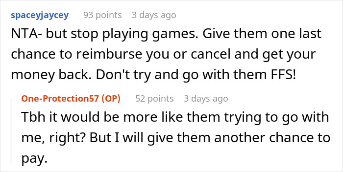 ALT text: Online discussion about ex-BF and his family demanding woman skip Hawaii trip she paid for, with her response plans.