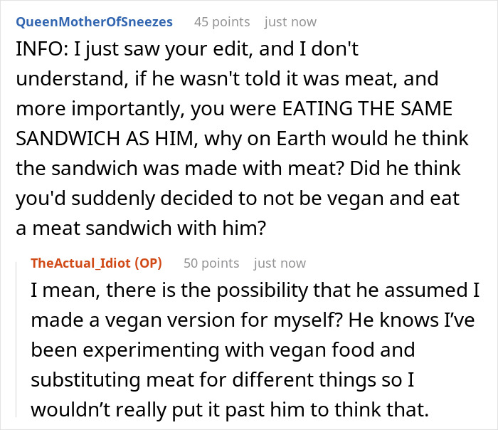 Husband Gets The Silent Treatment After Partner Finds Out The Dinner He Ate Was Vegan