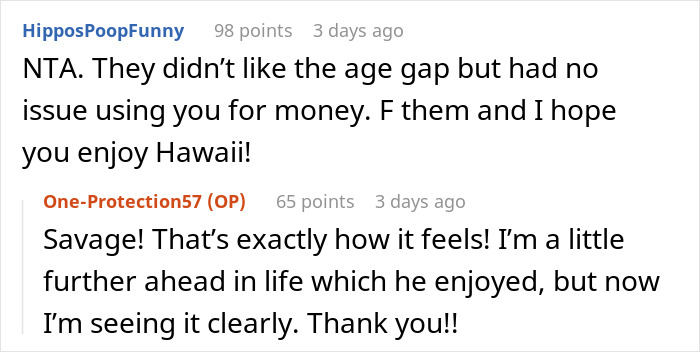Screenshot of a Reddit conversation about an ex-BF and his family demanding a woman skip her paid Hawaii trip.