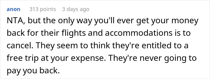 Screenshot of a Reddit comment discussing an ex-BF and his family demanding a woman skip a Hawaii trip she paid for.