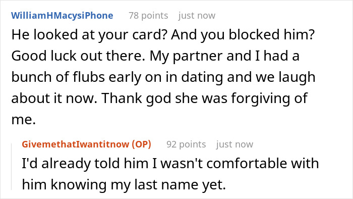 Screenshot of a conversation about a man acting strange on a first date and the woman blocking him.