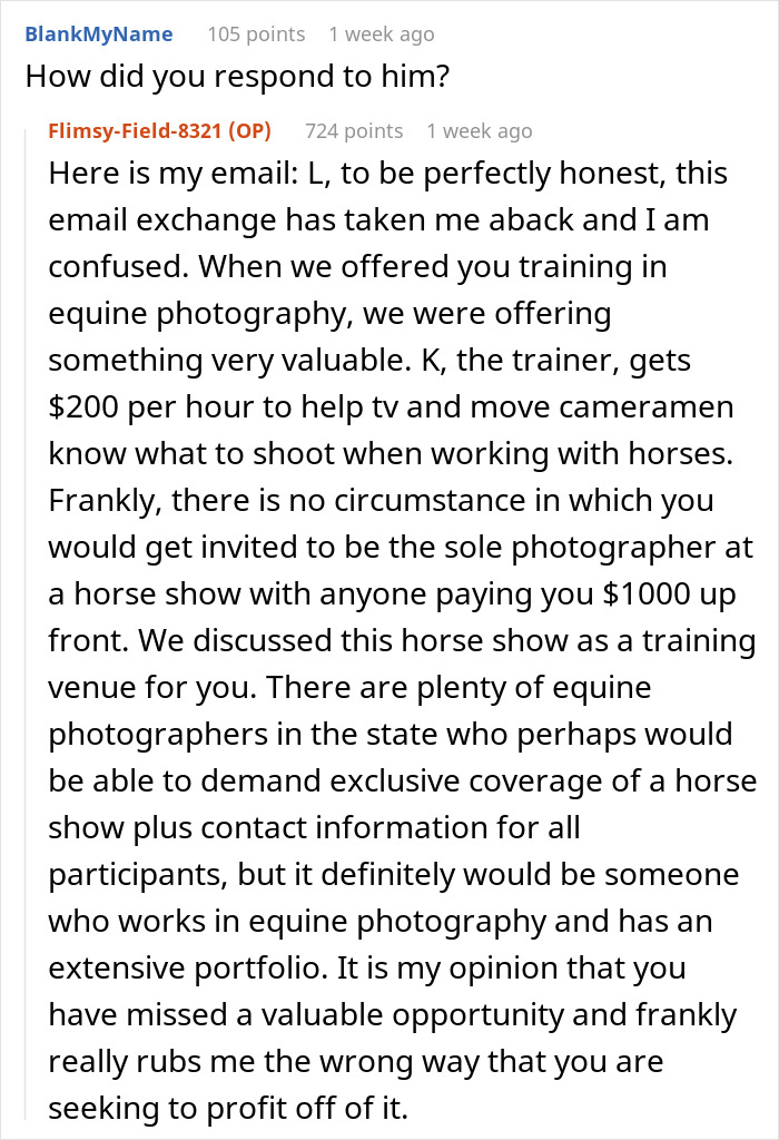 Photographer Thinks He&rsquo;s Entitled To $1000 And Free Specialized Training, Gets Reality Check