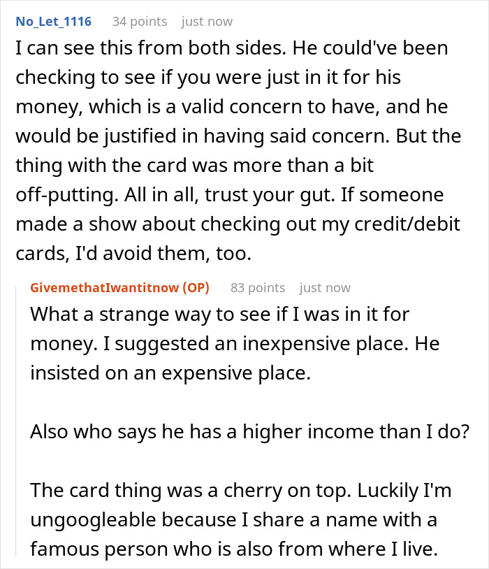 Screenshot of an online discussion about a man acting strange during a first date and a woman thinking he tested her.