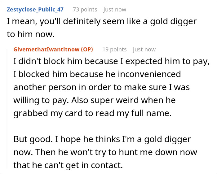 Reddit comments discussing a man acting strange during a first date and the woman blocking him for testing her.