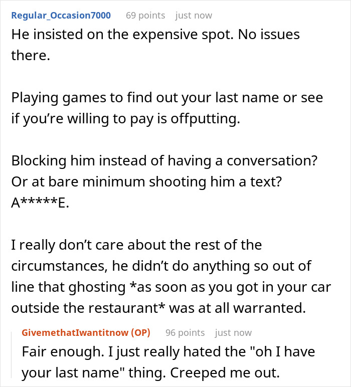Screenshot of an online discussion about a man acting strange on a first date and being blocked by the woman.