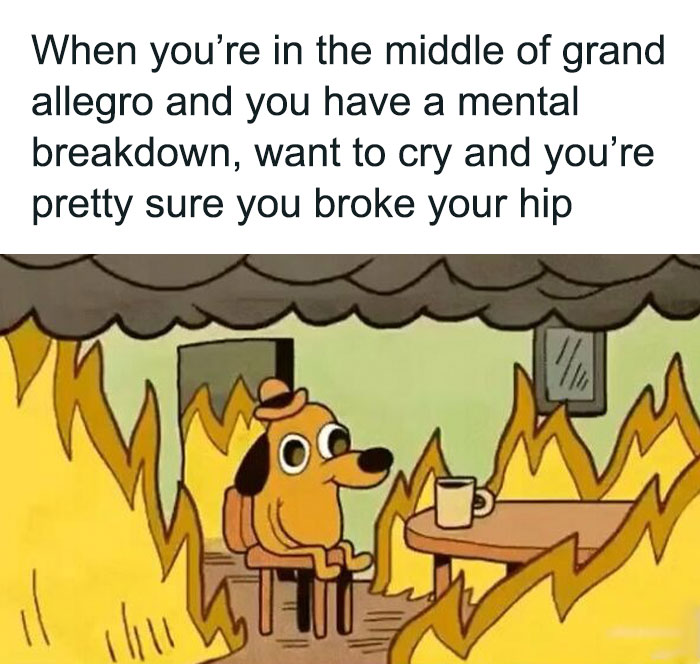 Dog sitting in a burning room, looking calm despite chaos, relates to dance memes humorously.