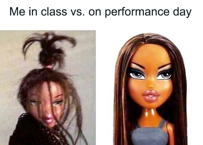 Disheveled vs. done-up Bratz doll in a dance meme, illustrating transformation for performance day.