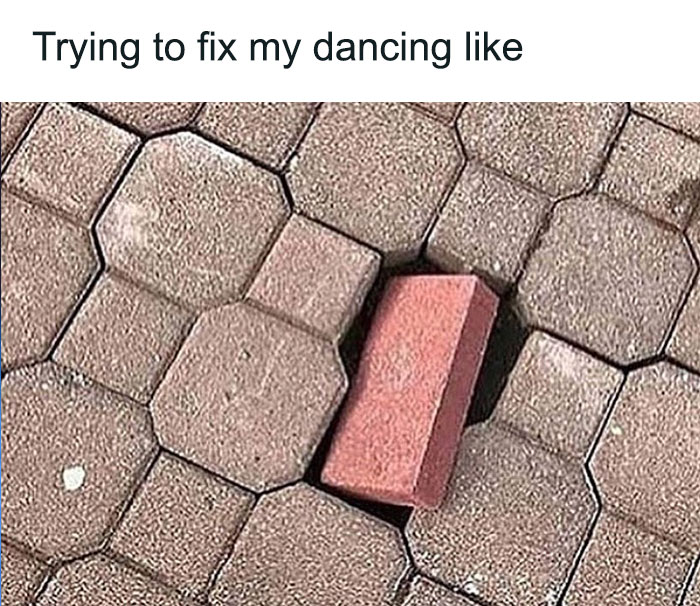 Dancing meme with a red brick not fitting among hexagonal bricks, humorously illustrating awkward dance moves.