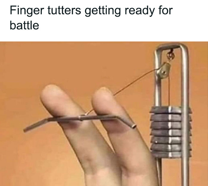 Two fingers lifting weights, embodying a humorous dance meme concept.