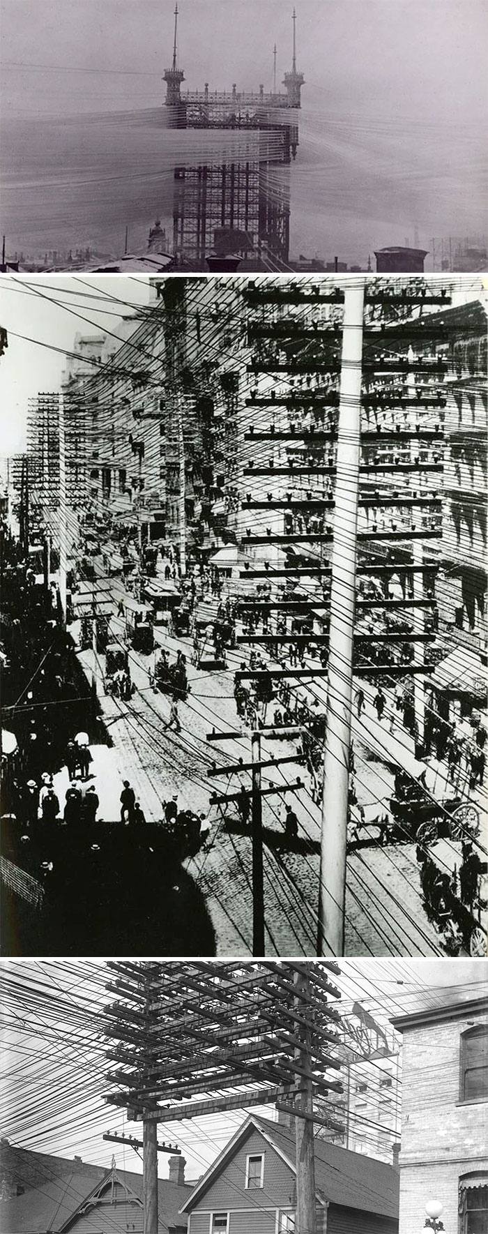 Unas de las primeras torres para llevar electricidad a los hogares, el cielo estaba lleno de cables