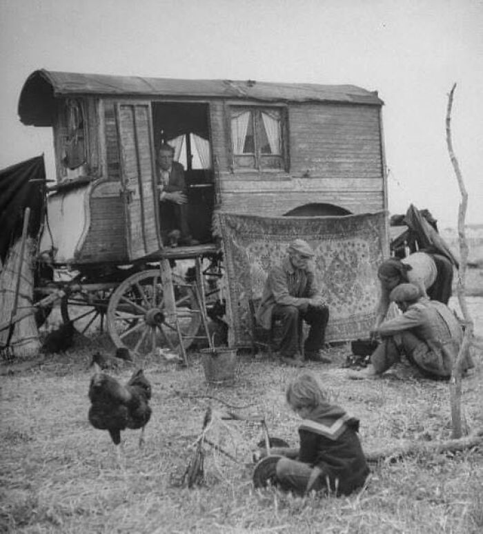 French Family Cooking Food Outside Their Caravan, France, June 1948