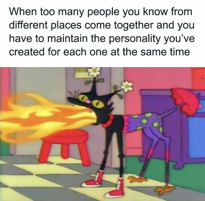 Cartoon cat with flowers on its head, breathing fire, humorously depicting friendship dynamics.