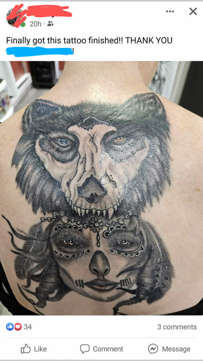 Back tattoo featuring a wolf above a Day of the Dead inspired face, part of the funniest tattoo collection.