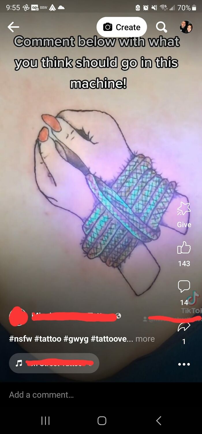 Funny tattoo of a hand with thread wrapped awkwardly, inviting comments on what should be added.