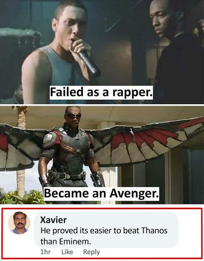 "Xavier's witty comment on a meme juxtaposing rapper and Avenger roles."