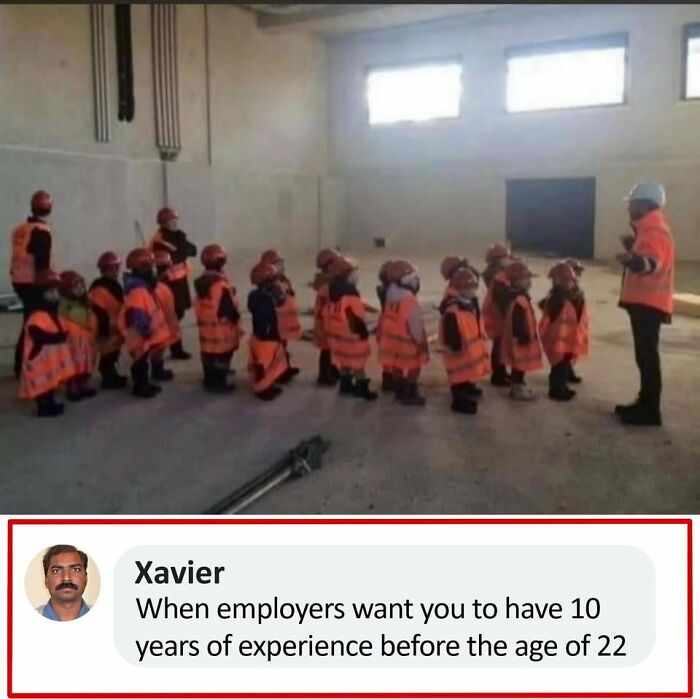 Children wearing orange safety vests and helmets standing in line at a construction site, highlighting funny memes about work experience.
