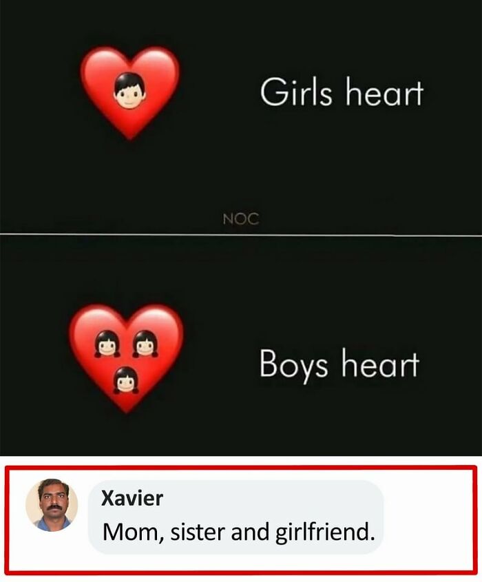 "Xavier's funny comment on hearts with emojis for girls and boys."