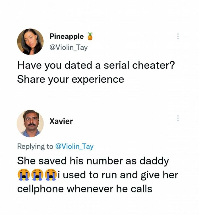 Funny memes featuring Xavier sharing his story about dating a serial cheater and humorous cellphone incidents.