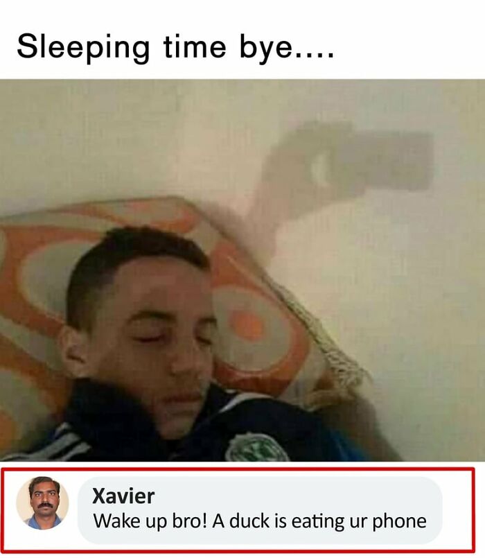 Sleeping person with humorous reply from Xavier: "Wake up bro! A duck is eating ur phone."