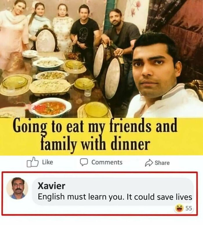 Group of friends and family around a dinner table with funny memes caption and a humorous comment by Xavier.