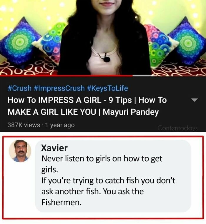 A comment by Xavier humorously critiquing dating advice under a YouTube video about impressing girls.