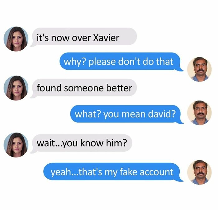 Chat conversation where Xavier humorously reveals that David is his fake account.