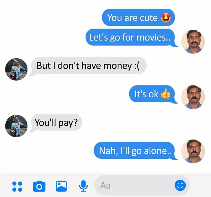 Text conversation meme showing a humorous exchange about going to the movies and paying, featuring Funny Memes Idealist Xavier.