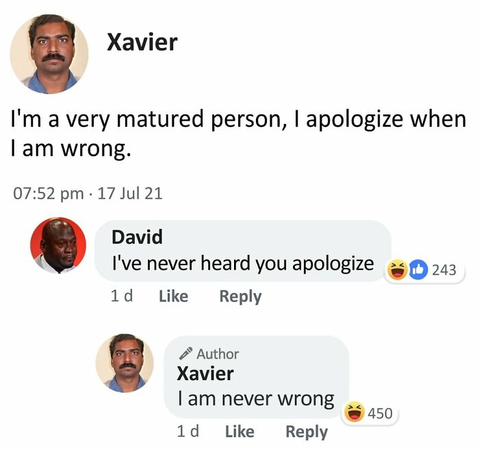 Xavier humorously claims maturity and infallibility in a social media exchange.