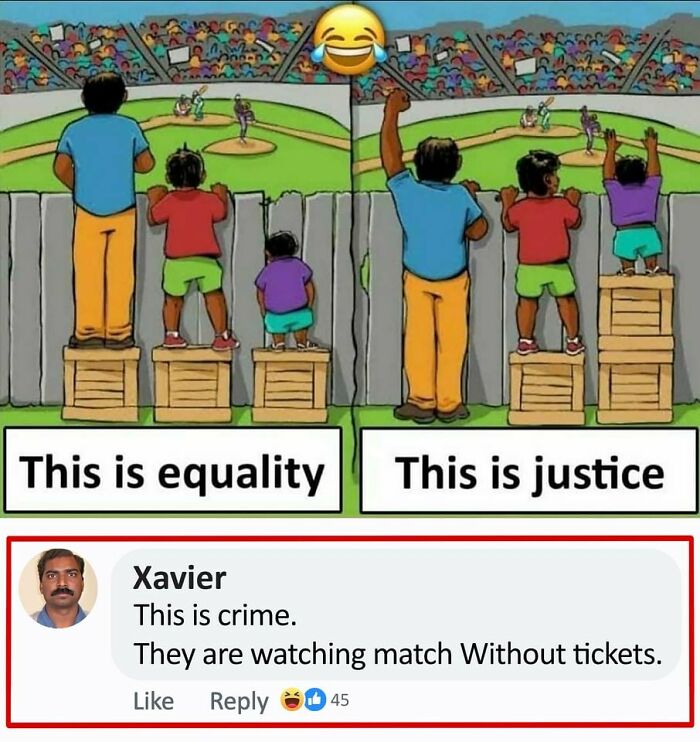 Three people of different heights use boxes to watch a baseball game, illustrating justice vs equality in a funny meme.