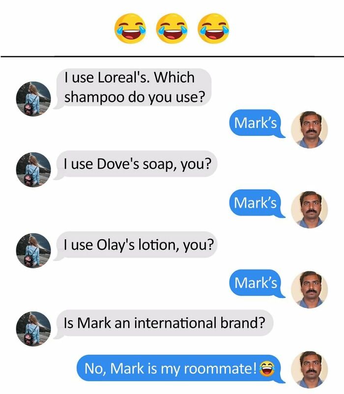 Text message meme showing a funny exchange about personal care brands and a roommate called Mark, featuring Funny-Memes-Idealist-Xavier.