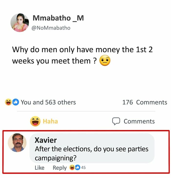 Funny memes idealist Xavier commenting on men having money only in the first two weeks you meet them.
