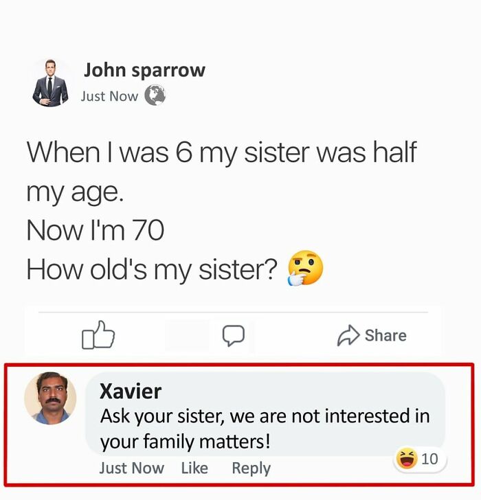 Xavier humorously replies to a question about sibling age difference on social media.