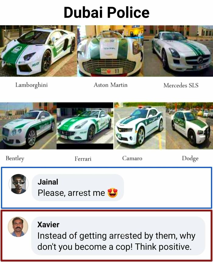 Dubai police luxury cars including Lamborghini, Aston Martin, and Ferrari with funny memes from Idealist Xavier comments.