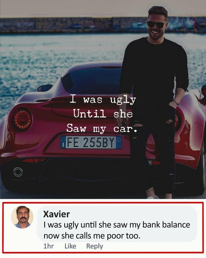 Xavier's humorous reply about appearance and bank balance, alongside a man and a red car.