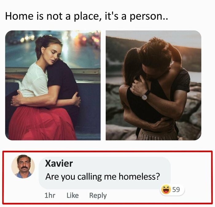 Xavier humorously reacts to a quote about home being a person, with playful reply and reaction emojis.