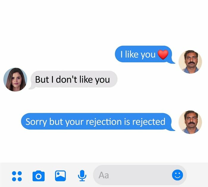 Chat between Xavier and a woman; Xavier humorously rejects her rejection.