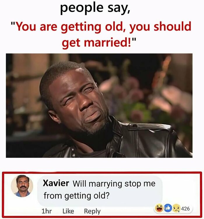 Man making a confused face reacting to a comment in a funny memes Idealist Xavier about marriage and aging.